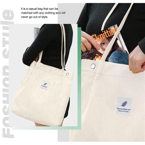 Tote Corduroy Bag Women's Shoulder Purses for Office School Shopping Travel - Picture 2 of 6